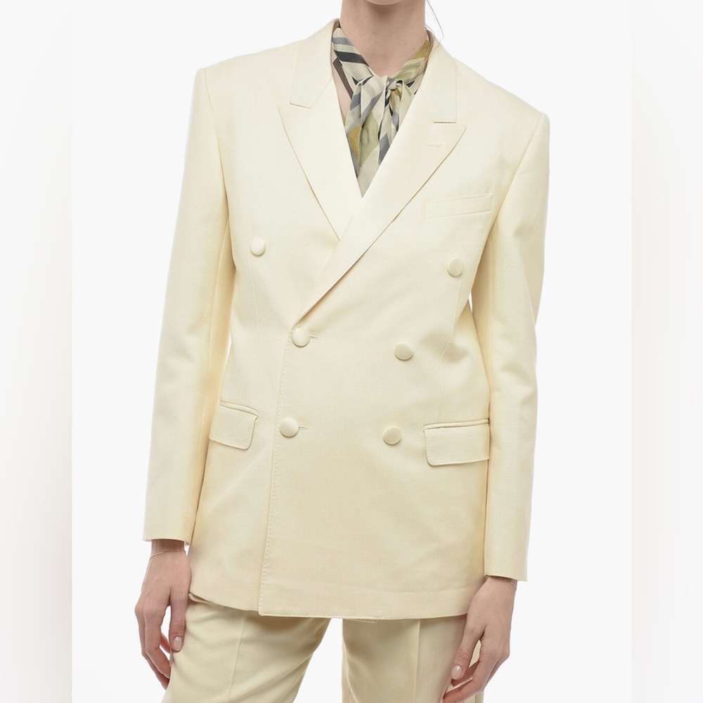 Celine Cream Double-Breasted Suit with Peaked Lapels